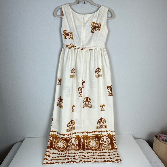 Vintage Hawaiian Aloha Maxi Dress Sleeveless Cream Brown XS 1960s - Picture 5 of 10